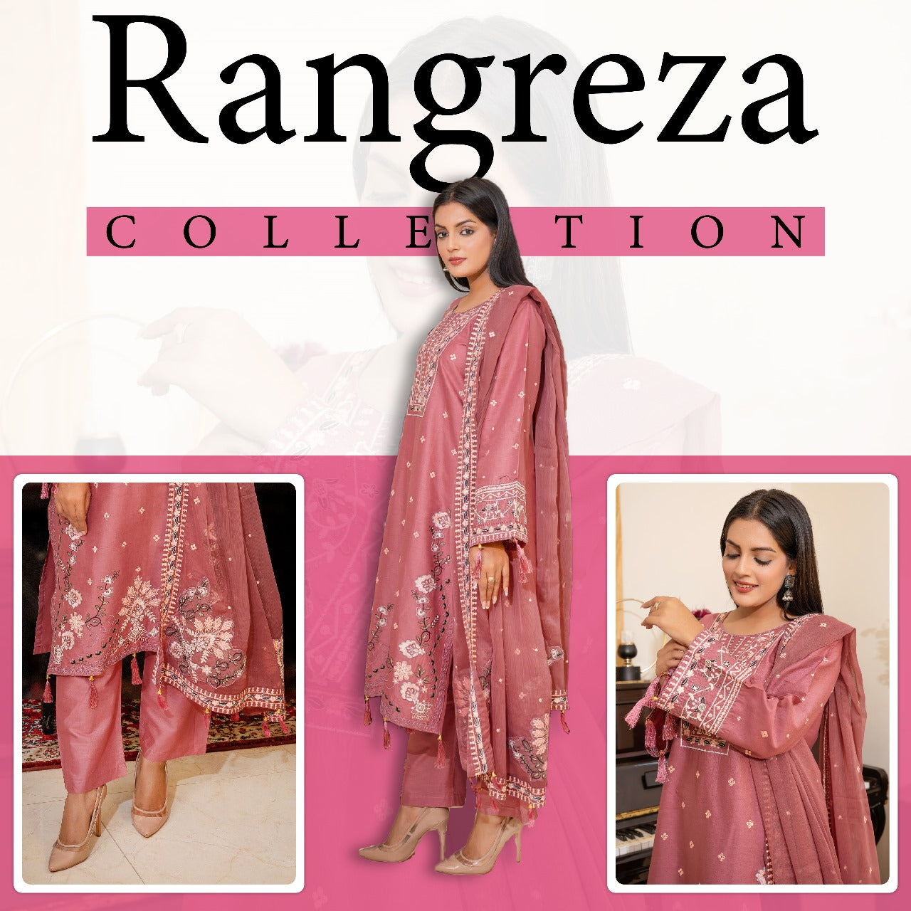 PINKISH ROSE EMBROIDED 3 PC