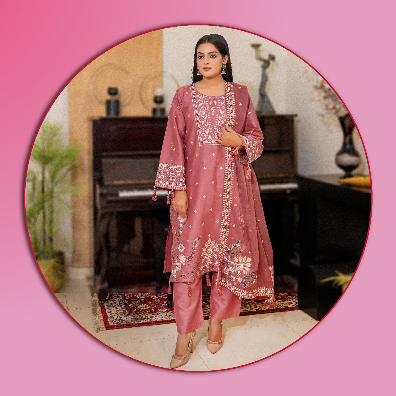 PINKISH ROSE EMBROIDED 3 PC