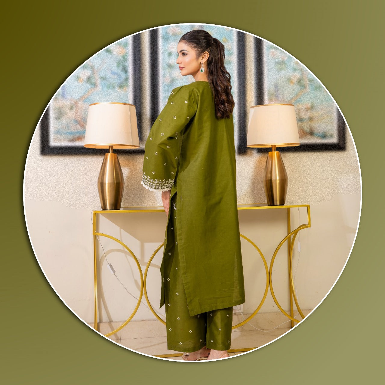 OLIVE EMBROIDED 2 PC