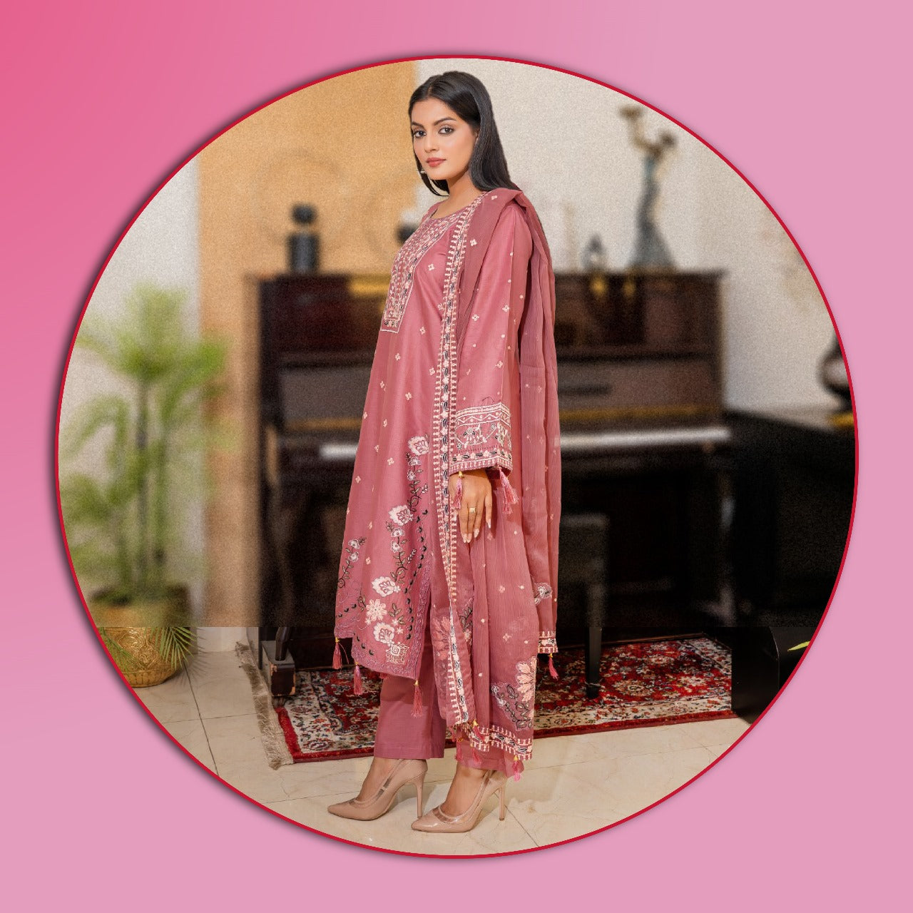 PINKISH ROSE EMBROIDED 3 PC