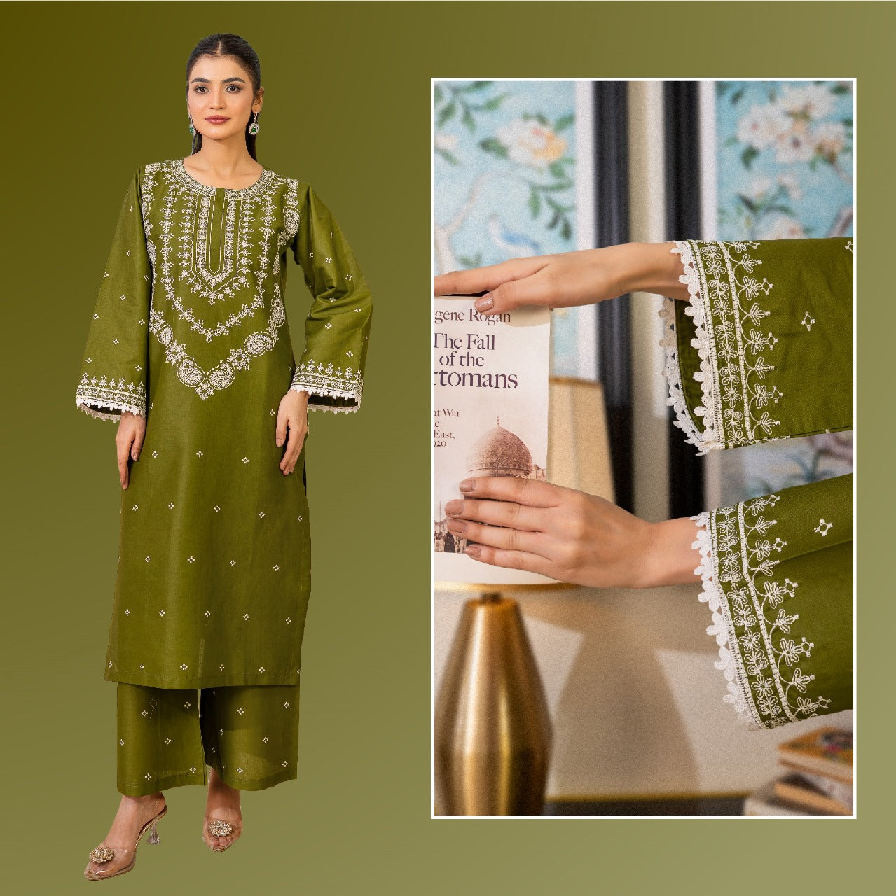 OLIVE EMBROIDED 2 PC