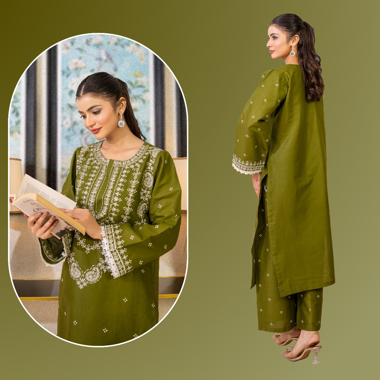 OLIVE EMBROIDED 2 PC