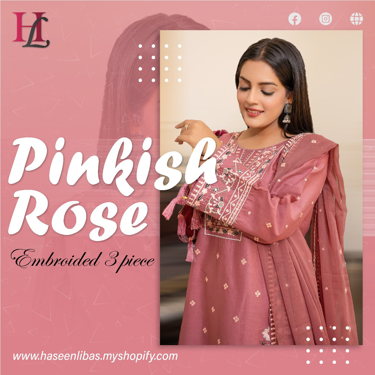 PINKISH ROSE EMBROIDED 3 PC