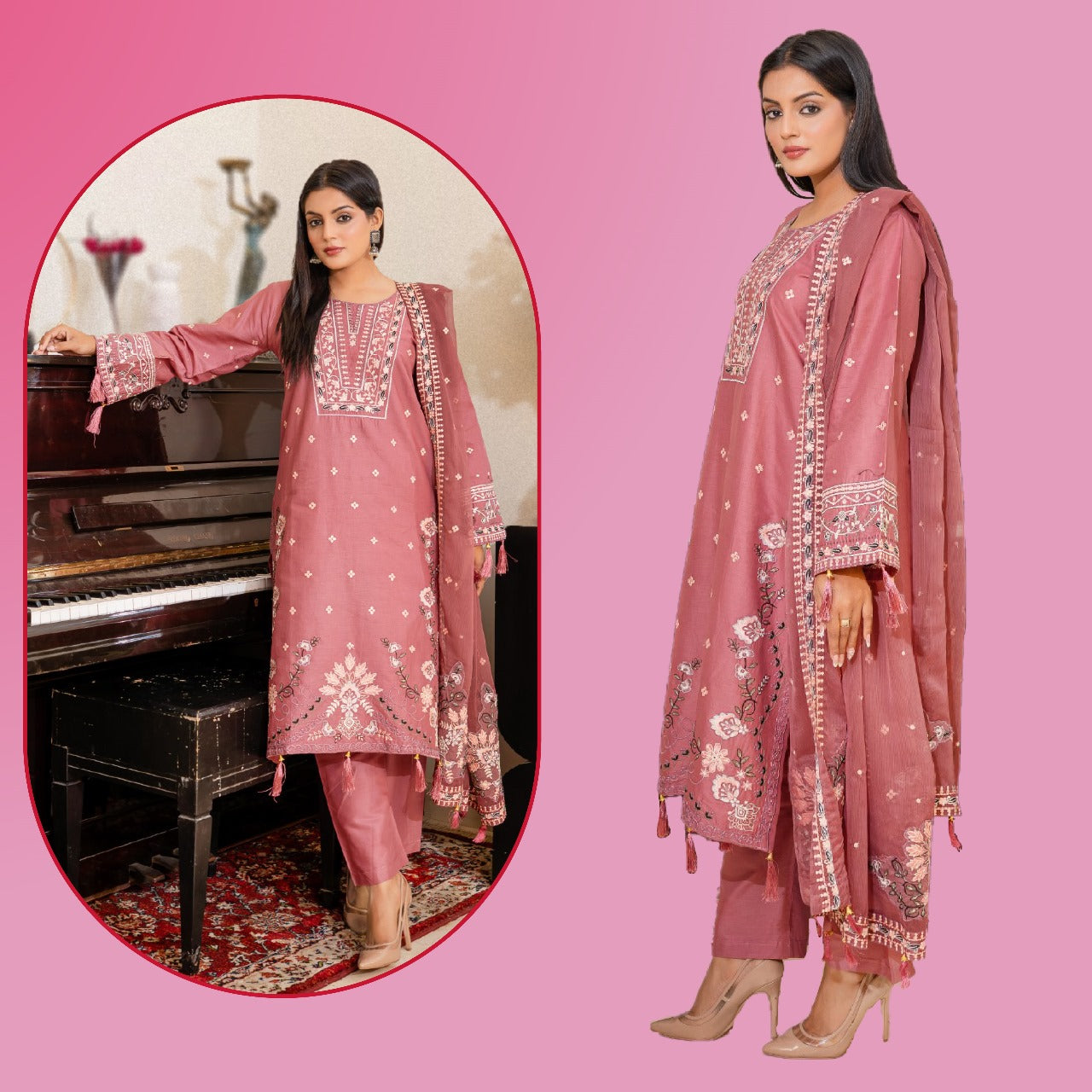 PINKISH ROSE EMBROIDED 3 PC