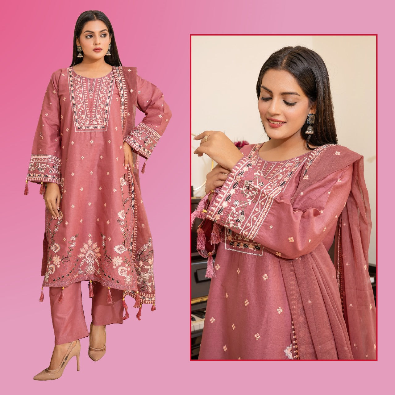 PINKISH ROSE EMBROIDED 3 PC